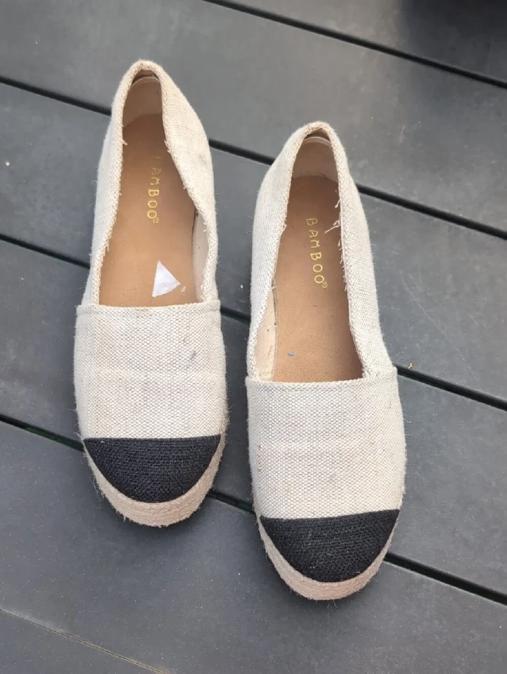 BAMBOO Natural Canvas Espadrilles with Black Toe Size 7M